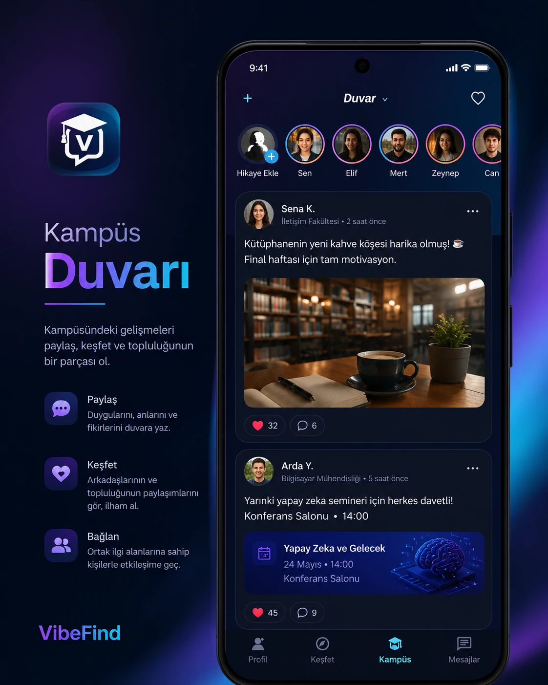 VibeFind Kampüs Duvarı tanıtım ekranı