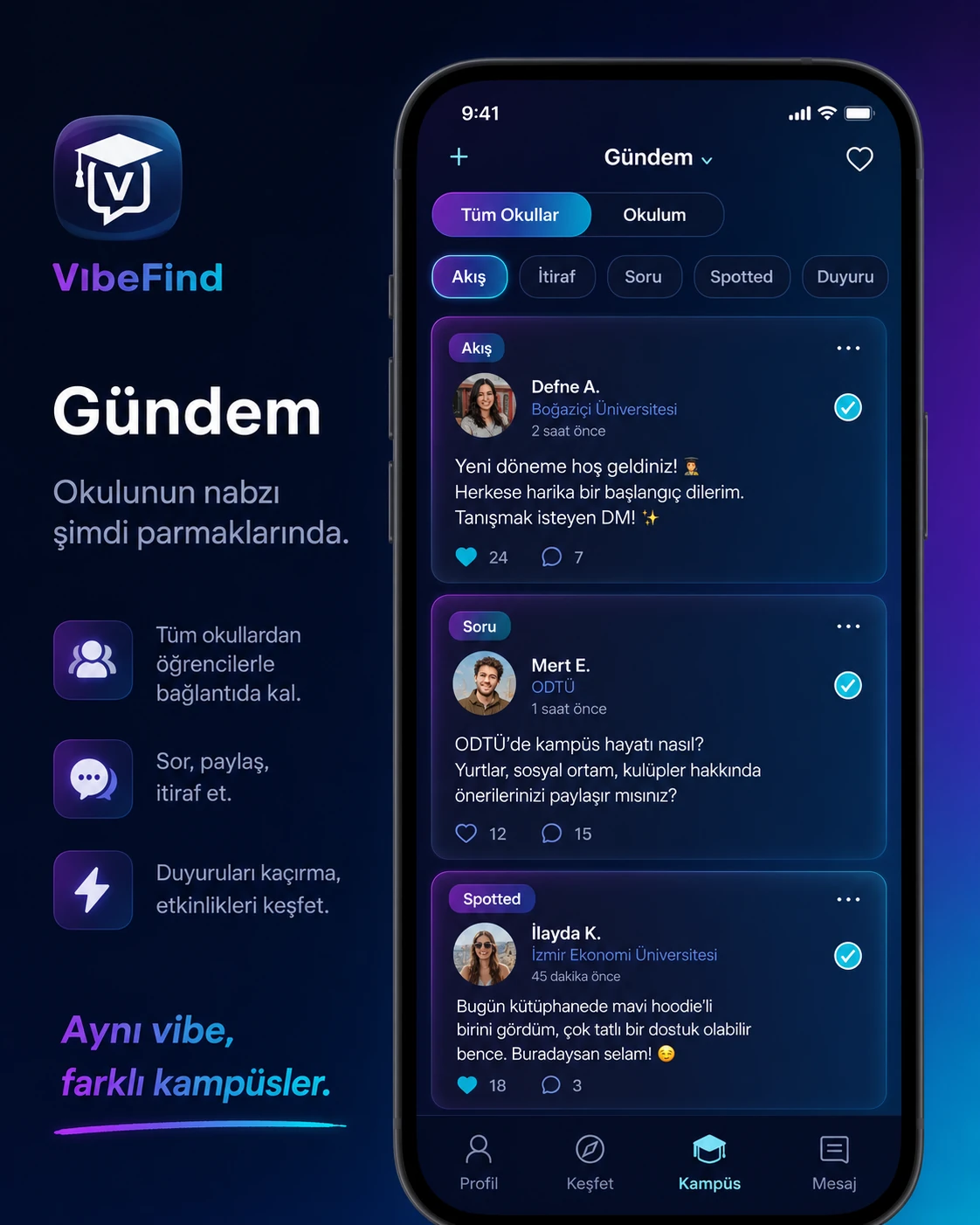 VibeFind Gündem tanıtım ekranı