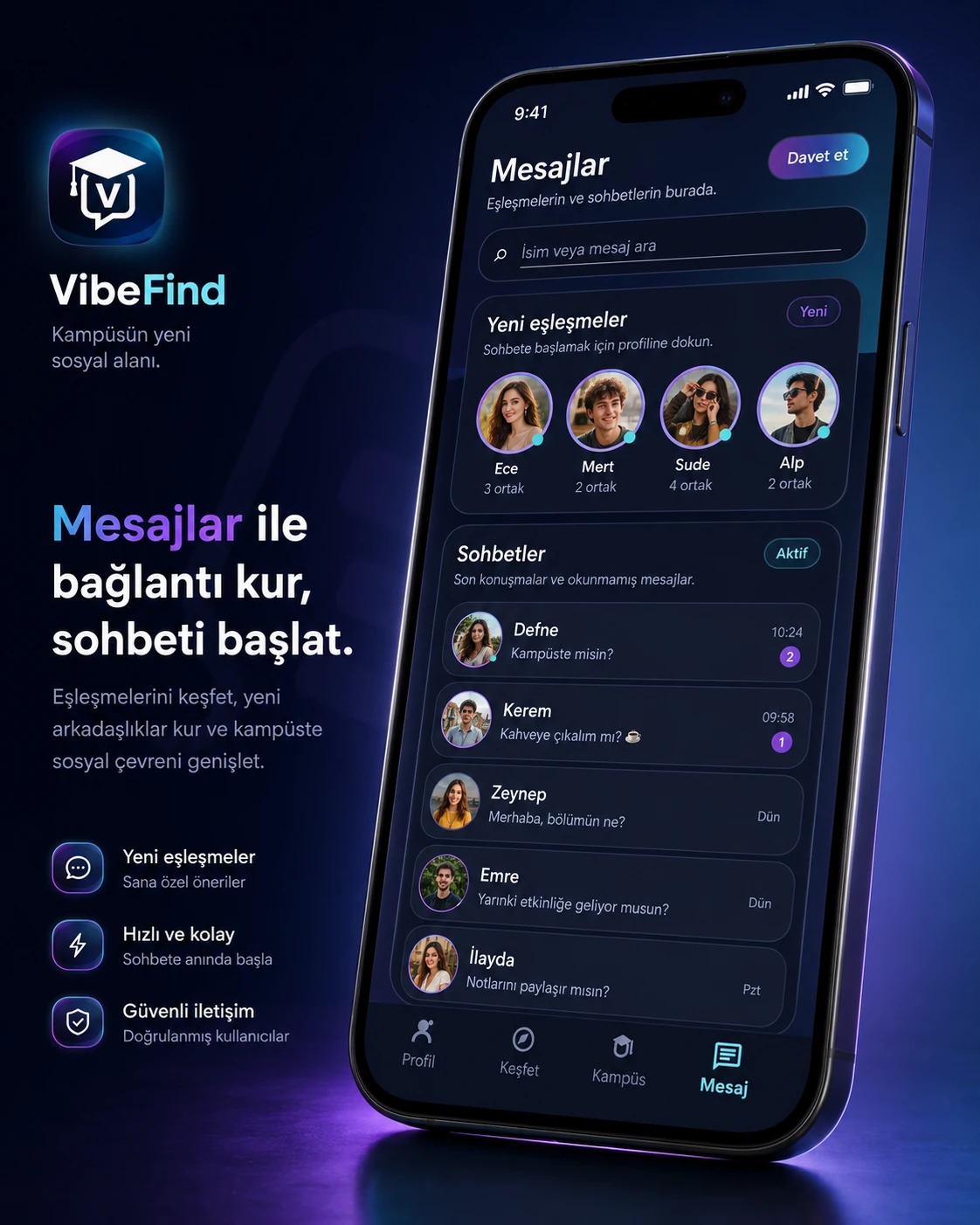 VibeFind Mesajlar tanıtım ekranı